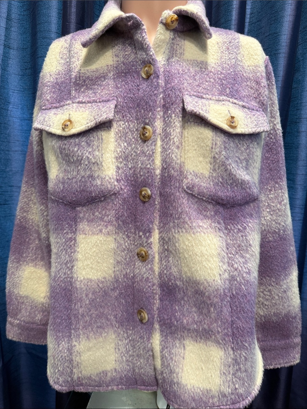 Ladies Plaid Shacket Jacket in Lavender and Cream
